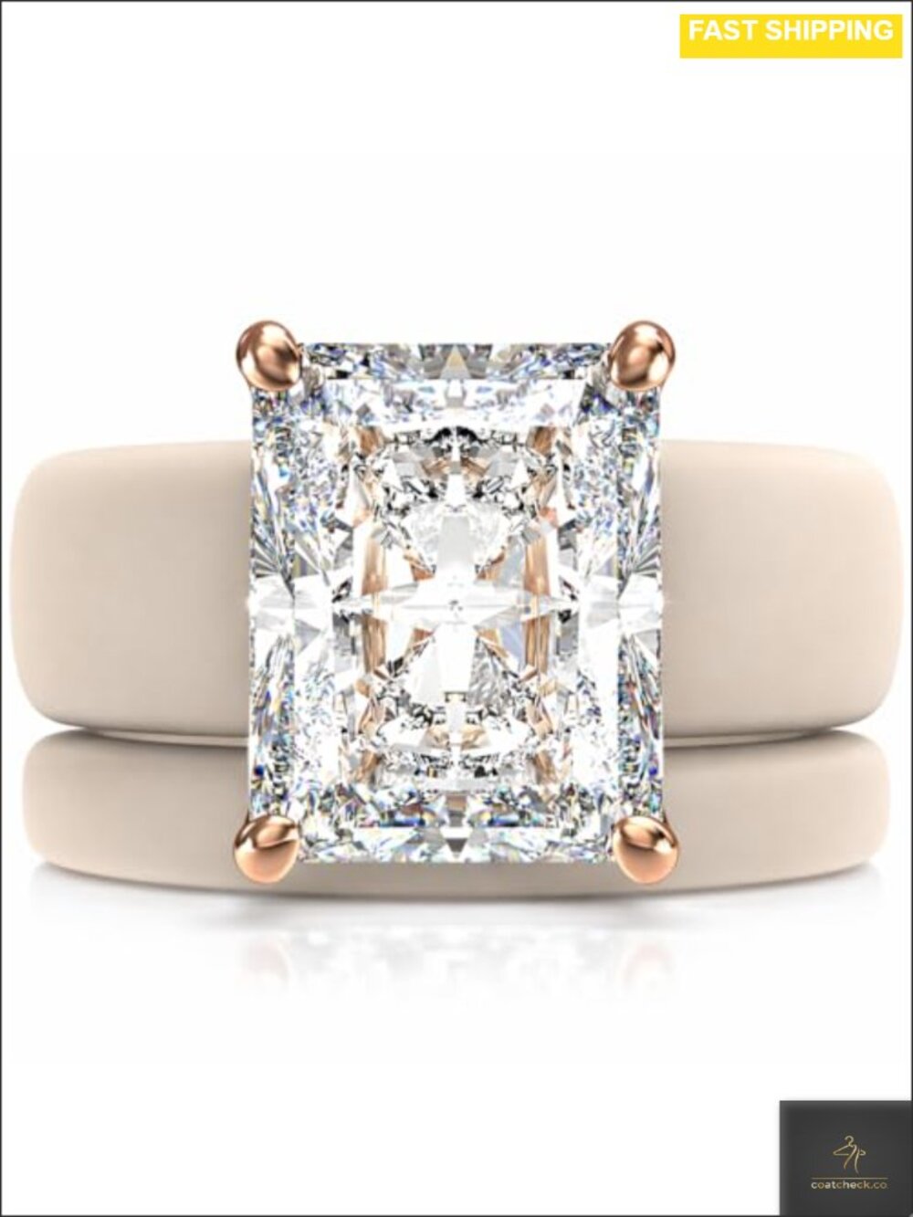 Emerald Cut CZ Silicone Ring Set Stackable Brass Prong Wedding